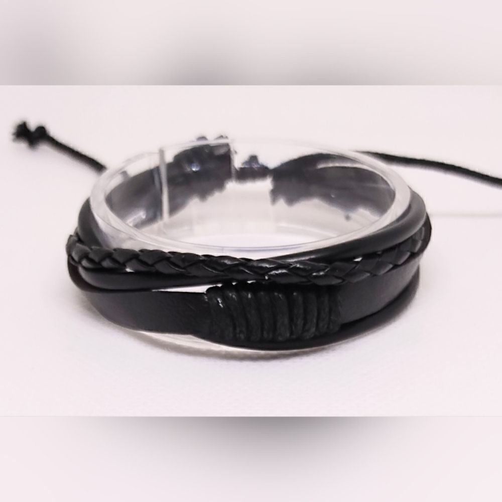 NEW leather bracelet braided layered black e23